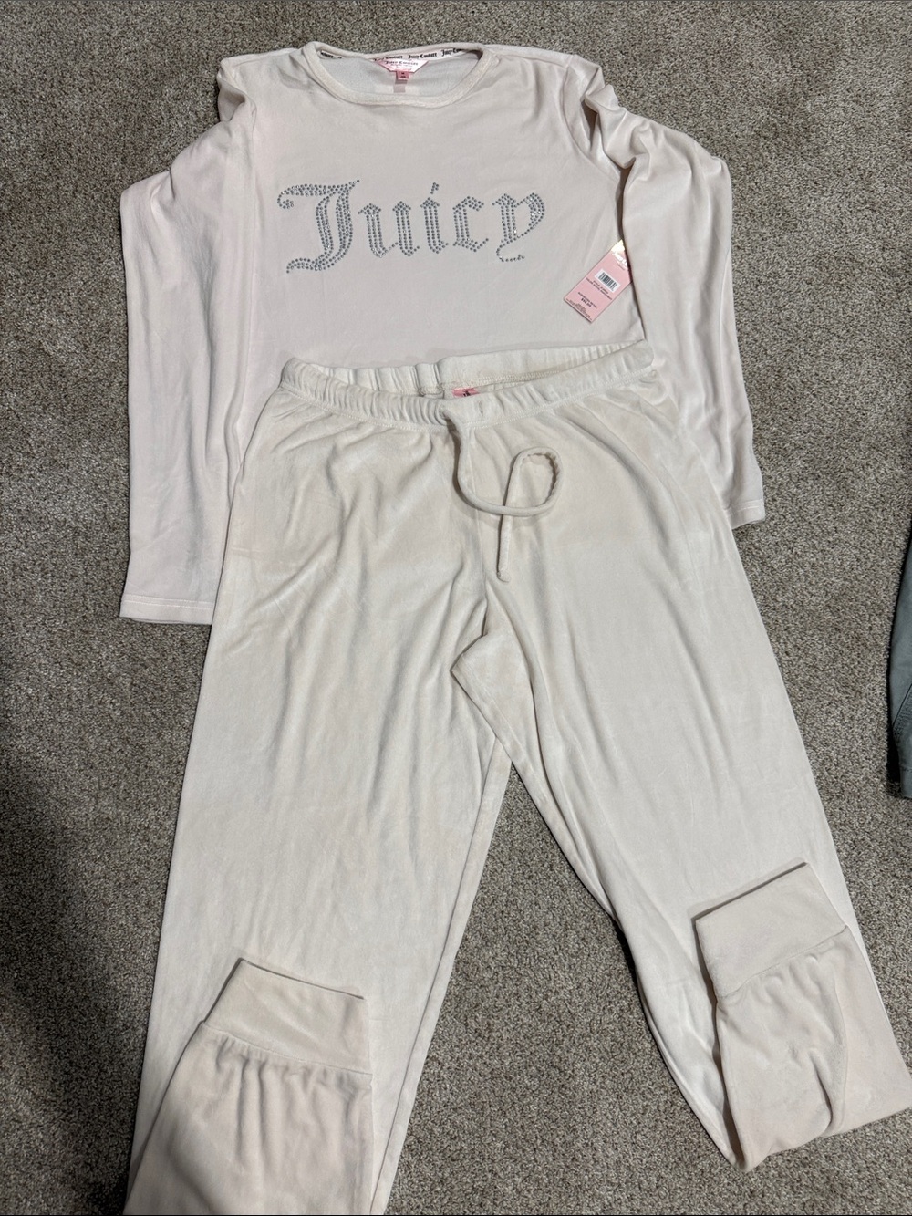 Juicy Couture Cream Long Sleeve Pajama Set with Jeweled Logo